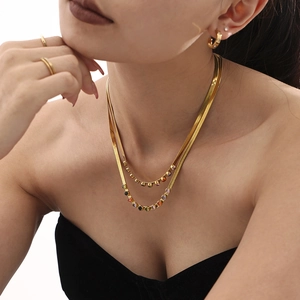 18k gold plated double layered snake chain necklace set with colorful zircon gemstones