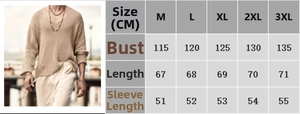 Size chart showing chest and length measurements for men's V-neck knit sweater