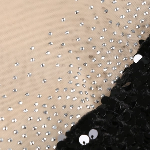 Detailed macro view of black sequins and silver rhinestones on nude mesh fabric