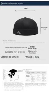 Size guide for embroidered cotton skull cap showing dimensions and head measurement steps