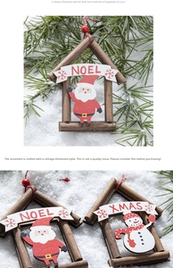 Detail of wooden Christmas house ornaments with Santa and Snowman motifs for trees