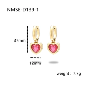 18K gold heart earrings with red crystal stone and precise 37mm drop length