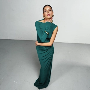 Elegant green one-shoulder slit maxi dress with ruching detail for women