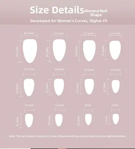 Size chart for 24pcs almond-shaped press-on nails in 12 different dimensions and nude pink
