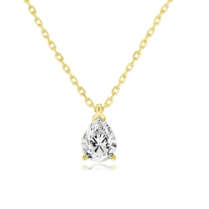 Macro shot of gold plated teardrop necklace with sparkling pear-shaped cubic zirconia