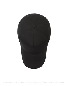 Top view of black cotton baseball cap with white gothic JH embroidery detail