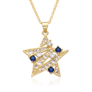 Detailed view of gold star pendant necklace with white and blue cubic zirconia crystals