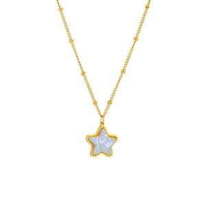 Elegant gold star pendant necklace with white mother-of-pearl inlay on beaded chain