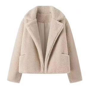 Women's warm beige faux shearling jacket with large lapel collar and casual loose fit