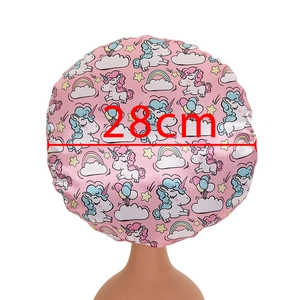 Kids pink unicorn print satin sleep bonnet for hair care, 28cm diameter size guide