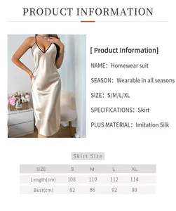 Size chart for women's satin nightgown showing S-XL dimensions and material info