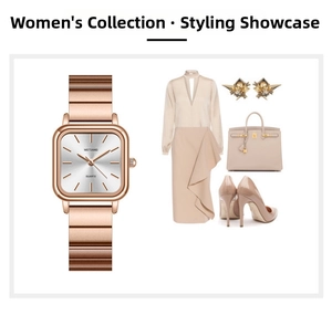 Square rose gold quartz watch for women with metal link strap and lifestyle fashion styling