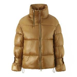 Women Glossy Puffer Jacket Stand Collar Double Zipper Short Shiny Metallic Bread Coat Fashion Winter Outerwear
