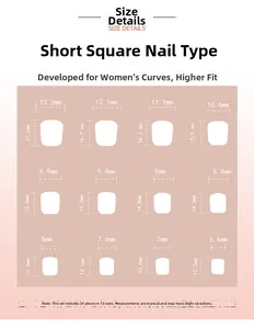 Size chart showing 12 dimensions for short square 3D white flower press-on nails