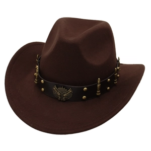 Chapeau de cowboy classique en feutre marron avec bande en cuir et emblème d'aigle