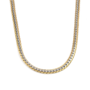 Two-tone gold and silver flat embossed Cuban chain necklace on white background