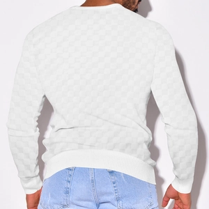 Rear view of a men's white crewneck knit sweater with jacquard checkered texture detail