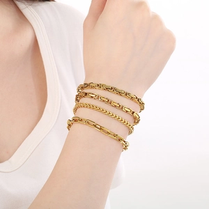 18K gold plated stainless steel bracelet set featuring Byzantine and wheat link chains