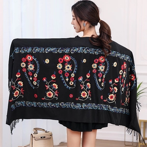 Elegant black cashmere-feel shawl with colorful floral embroidery and fringe tassels