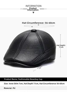 Detail view of winter faux leather flat cap with 56-60cm circumference and ear protection
