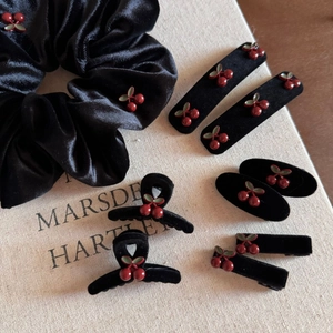 9-piece set of black velvet hair accessories with red cherry and green leaf embroidery