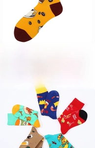 Detail of high-quality cotton mid-calf socks with creative food and drink knit patterns
