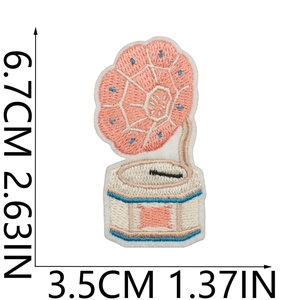 Detail of gramophone embroidery patch showing dimensions 6.7x3.5cm on white background