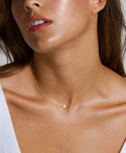 Close-up of a gold-plated titanium zodiac necklace with a round gemstone on a model's neck