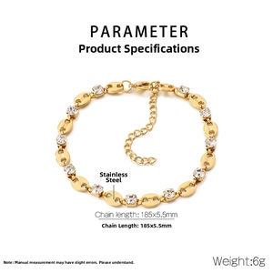 Detail showing dimensions and material of gold-tone claw-set zircon link bracelet