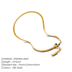 18K Gold stainless steel snake chain bracelet with pendant, lobster clasp, 15+2cm length