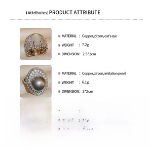 Detail view of oval pearl and cat's eye rings with zircon inlay and product dimensions