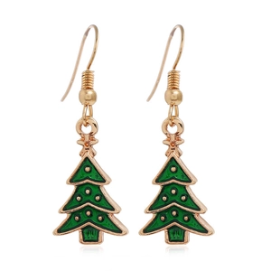 Detailed view of Christmas tree drop earrings with green enamel and gold plated alloy edges