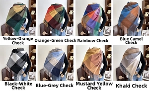 Detailed view of eight assorted plaid tassel scarves in various colors on mannequins