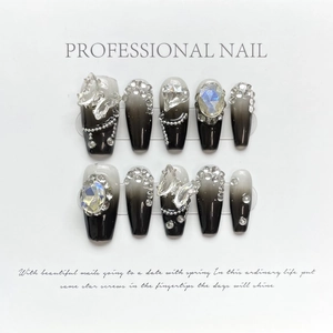 Handmade press-on nails set with ombre black white design, crystals and 3D butterflies
