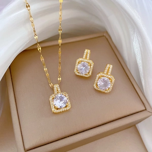 Luxury Square Halo Zirconia Necklace And Earrings Titanium Steel Copper Jewelry With Silver Earring Post For Women