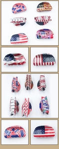 Close-up of USA flag pattern hair claw clips showing various creative patriotic designs