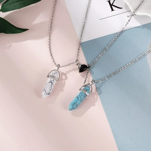 Magnetic hexagonal crystal pillar necklaces for couples with marble stone heart pendant
