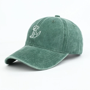Deep green washed cotton baseball cap featuring minimalist white puppy embroidery
