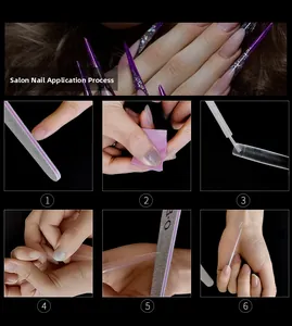 Step-by-step guide for applying long stiletto salon nail tips on a dark background