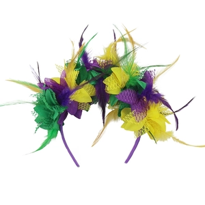 Mardi Gras feather headband with purple green and yellow flowers for carnival parties