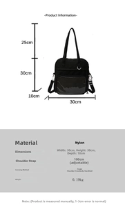 Size chart for black nylon tote bag showing dimensions 30x30x10cm and adjustable strap