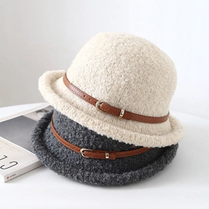 Chapeau Bob Femme Polaire Laine Agneau Chaud Hiver Automne Bord Roulé Style Japonais Ceinture Cuir PU Boucle