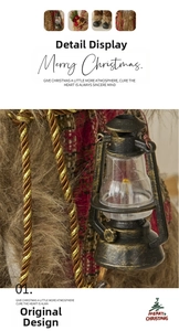 Detail of vintage Christmas Santa figure showing plaid fabric and a rustic lantern