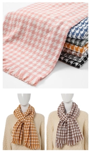 Multi-color houndstooth cashmere feel scarves with elegant fringe detail and soft texture