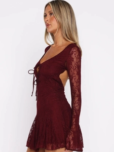 Sexy wine red lace long sleeve backless mini dress with tie-up V-neck detail