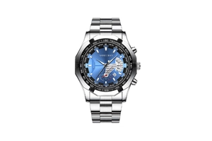 Close-up of blue sunray dial with silver sub-dials and tachymeter on men's watch