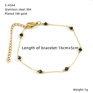 Detail showing 304 stainless steel chain with black beads and 18K gold plating