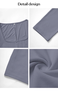 Detail shots of lavender grey yoga romper showing square neck and knit texture