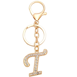 Close-up of golden alphabet T keychain with rhinestones and lobster clasp detail