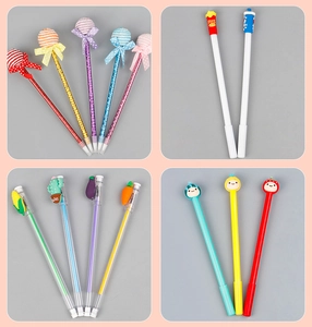 Detailed grid view of novelty neutral pens with silicone cartoon food and vegetable tops